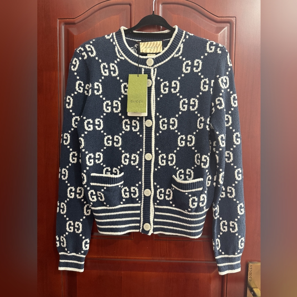 Gucci Dark Blue Monogram Jacquard Knit Cardigan